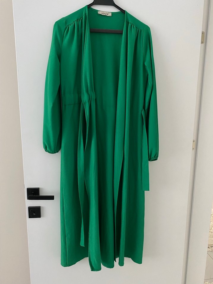 Uzun Yeşil V Yaka Drapeli Kadın Elbise - Görsel 2