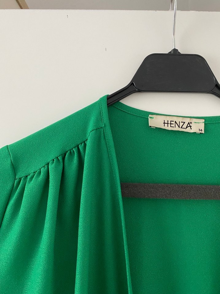 Uzun Yeşil V Yaka Drapeli Kadın Elbise - Görsel 4