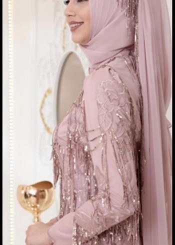 Pembe Nakışlı Uzun Kollu Bohem Abiye Elbise - Görsel 4