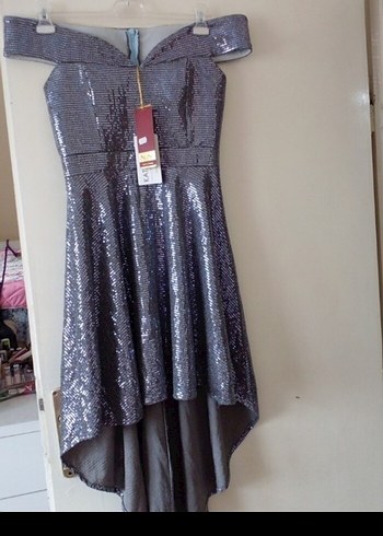 Parlak Mini  Gri Abiye Elbise - Görsel 3