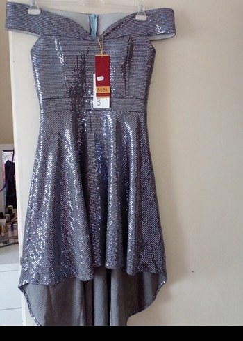 Parlak Mini  Gri Abiye Elbise - Görsel 2