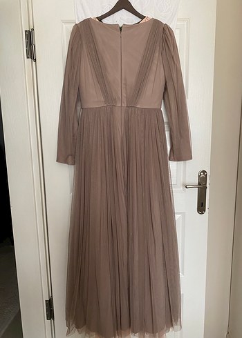 Bej Uzun Kollu Drapeli Kadın Abiye Elbise - Görsel 2