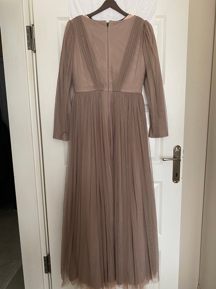 Bej Uzun Kollu Drapeli Kadın Abiye Elbise - Görsel 2