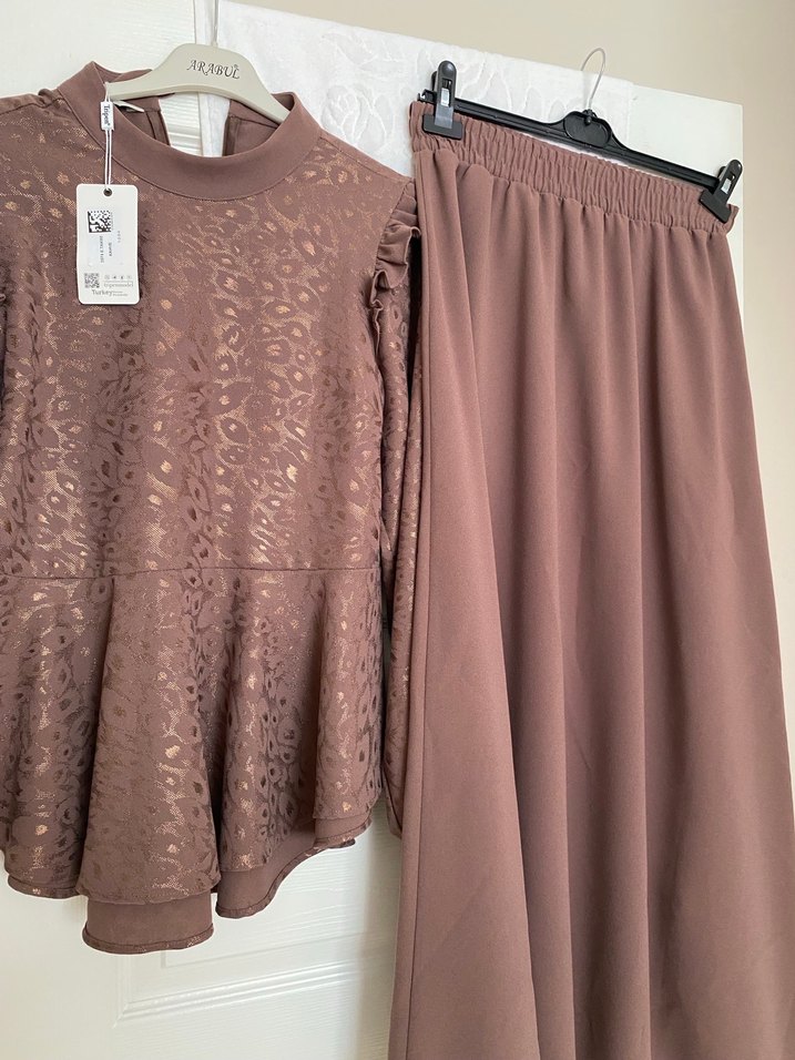 Kadın Kahverengi Dantel Detaylı Uzun Etek takım - Görsel 2