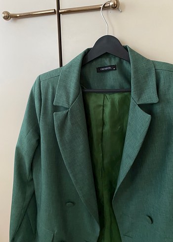 Düğmeli Yeşil Keten Kadın Blazer - Görsel 7