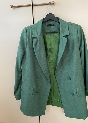 Düğmeli Yeşil Keten Kadın Blazer - Görsel 6