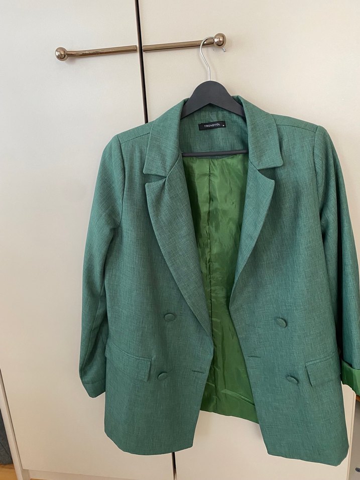 Düğmeli Yeşil Keten Kadın Blazer - Görsel 4