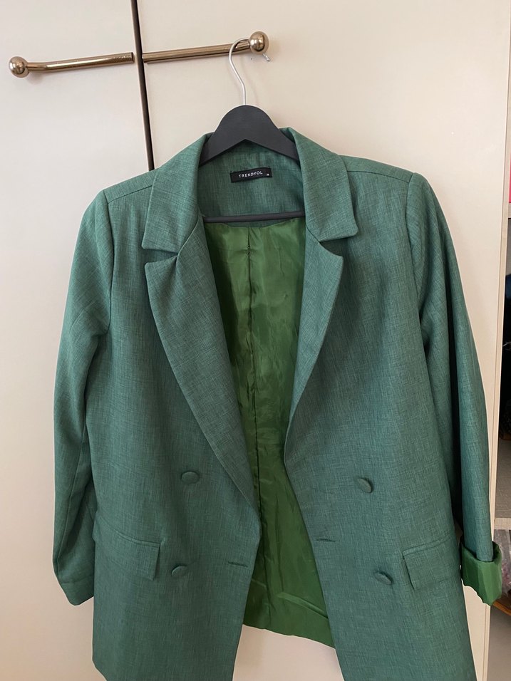 Düğmeli Yeşil Keten Kadın Blazer - Görsel 2