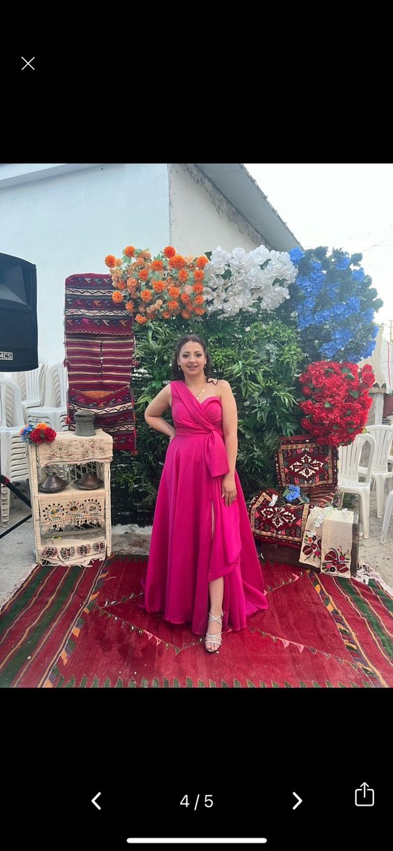 Parlak Pembe Drapeli Uzun Kadın Abiye - Görsel 3