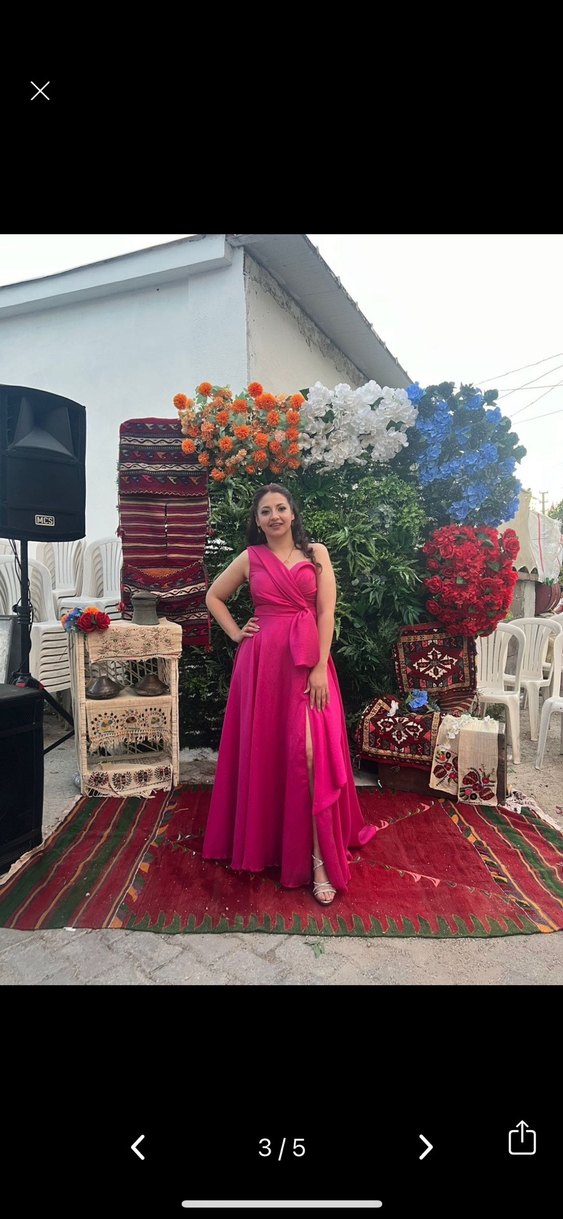 Parlak Pembe Drapeli Uzun Kadın Abiye - Görsel 2