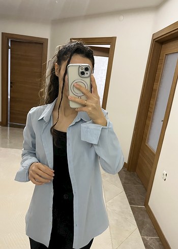 Gri Saten Kadın Uzun Kollu Gömlek - Görsel 2