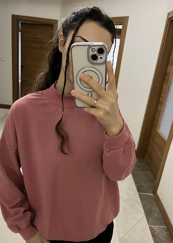 Pembe Yüksek Yakalı Salaş Kadın Sweatshirt - Görsel 3