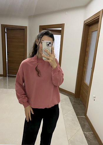 Pembe Yüksek Yakalı Salaş Kadın Sweatshirt - Görsel 2