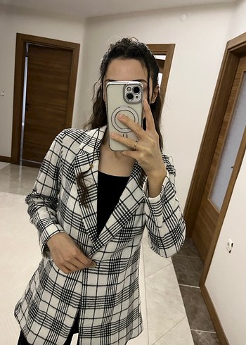 Gri Ekose Düğmeli Kadın Blazer Ceket - Görsel 2