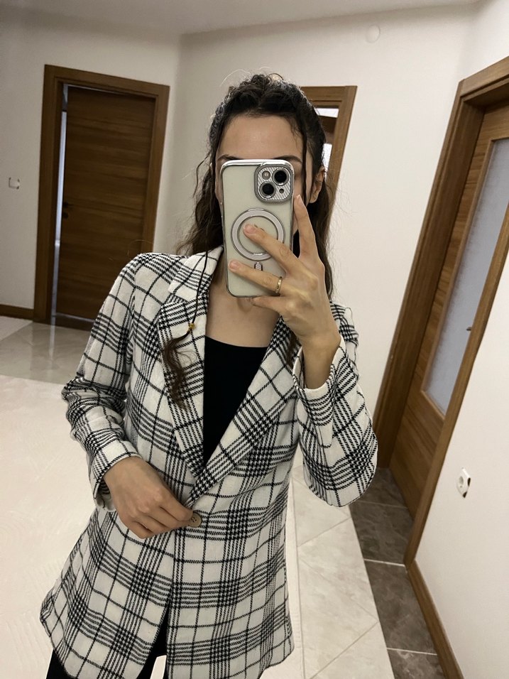 Gri Ekose Düğmeli Kadın Blazer Ceket - Görsel 2