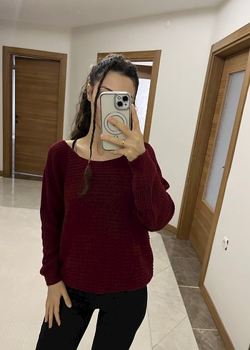 Bordo Örgü Kadın Triko Kazak - Görsel 2