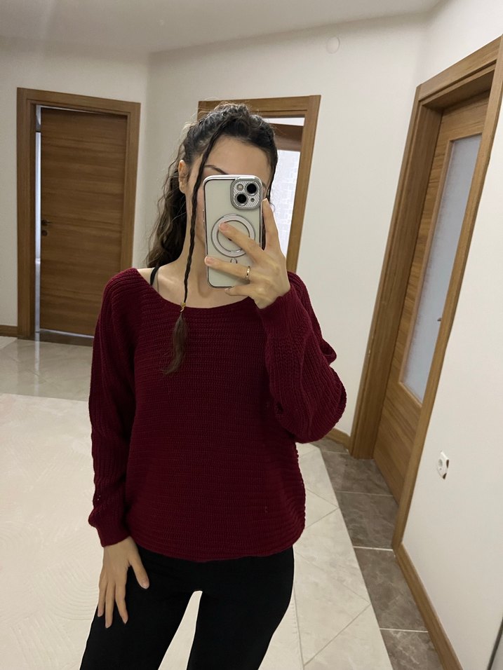 Bordo Örgü Kadın Triko Kazak - Görsel 2