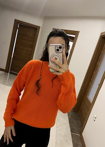 Turuncu Örgü Kadın Triko Kazak - Görsel 2