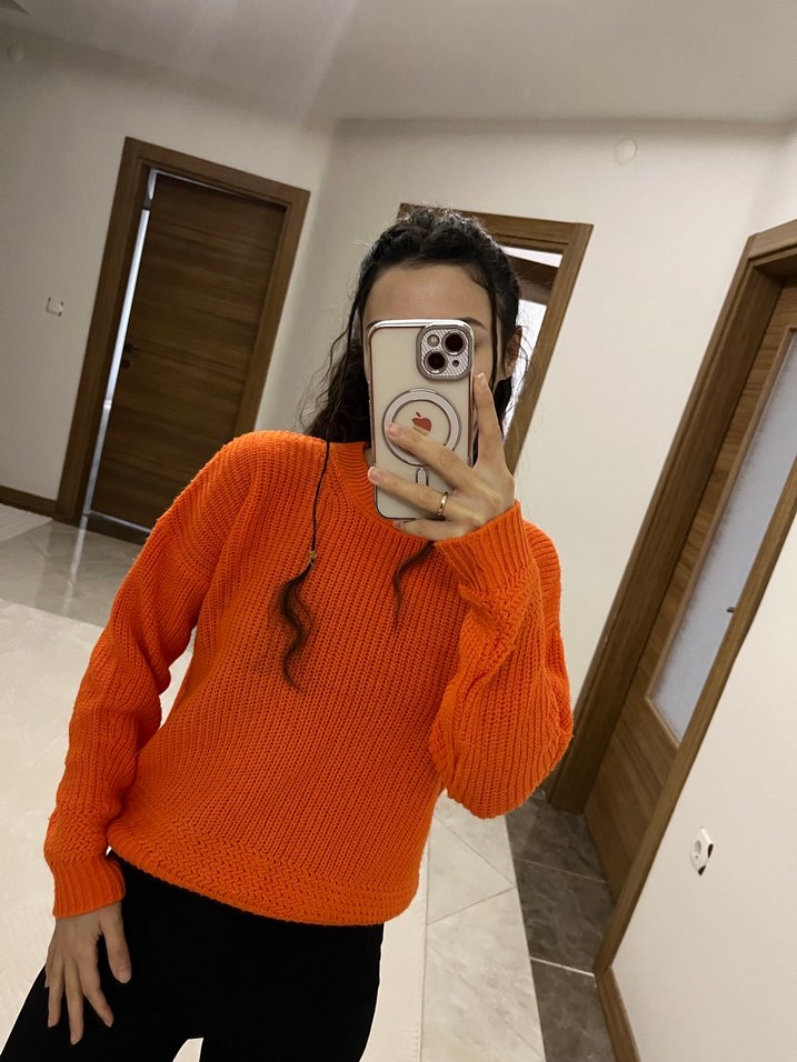 Turuncu Örgü Kadın Triko Kazak - Görsel 2