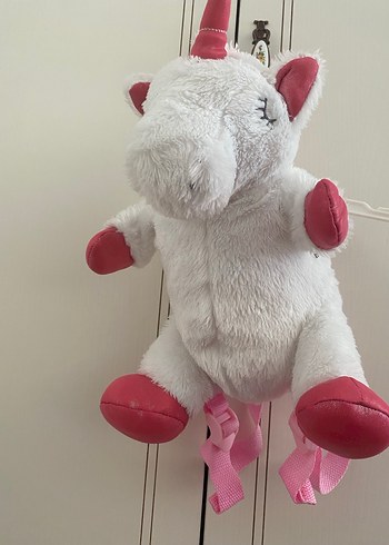Pembe Detaylı Beyaz Peluş Unicorn çanta