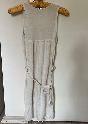 Bej Keten Pilili Bohem Midi Elbise - Görsel 2