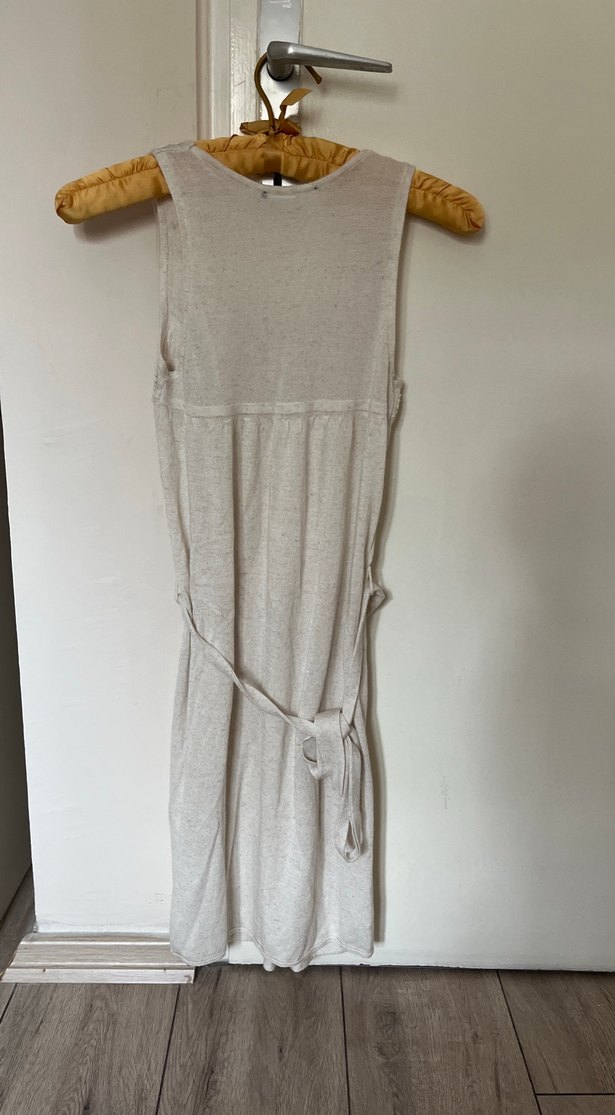 Bej Keten Pilili Bohem Midi Elbise - Görsel 2