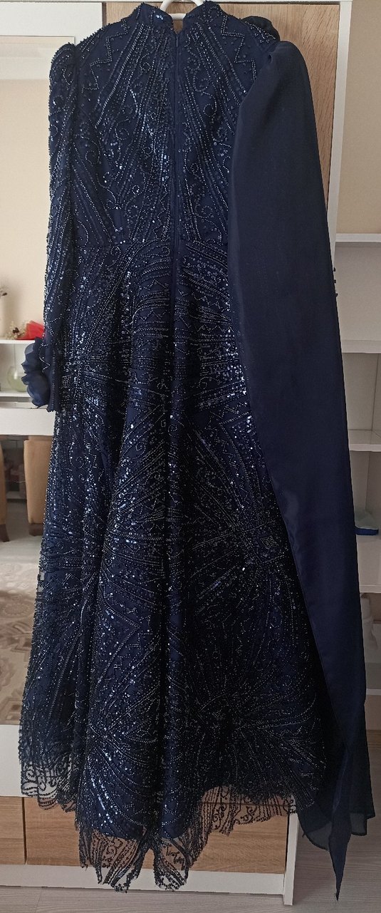 Kadın Lacivert Pelerin Detaylı Tesettür Abiye Elbise - Görsel 2