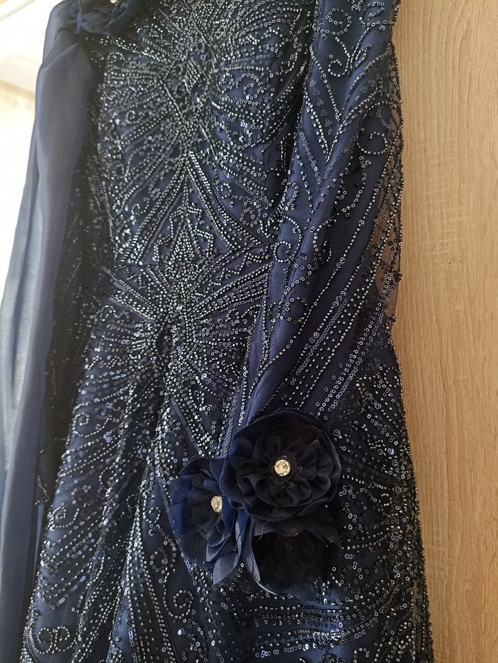 Kadın Lacivert Pelerin Detaylı Tesettür Abiye Elbise - Görsel 4