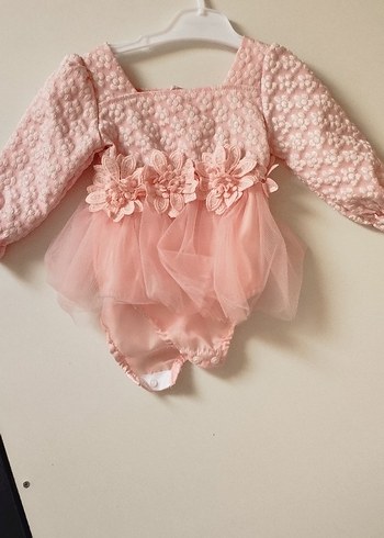 Diğer Pembe Çiçek Nakışlı Uzun Kollu Kız Elbisesi