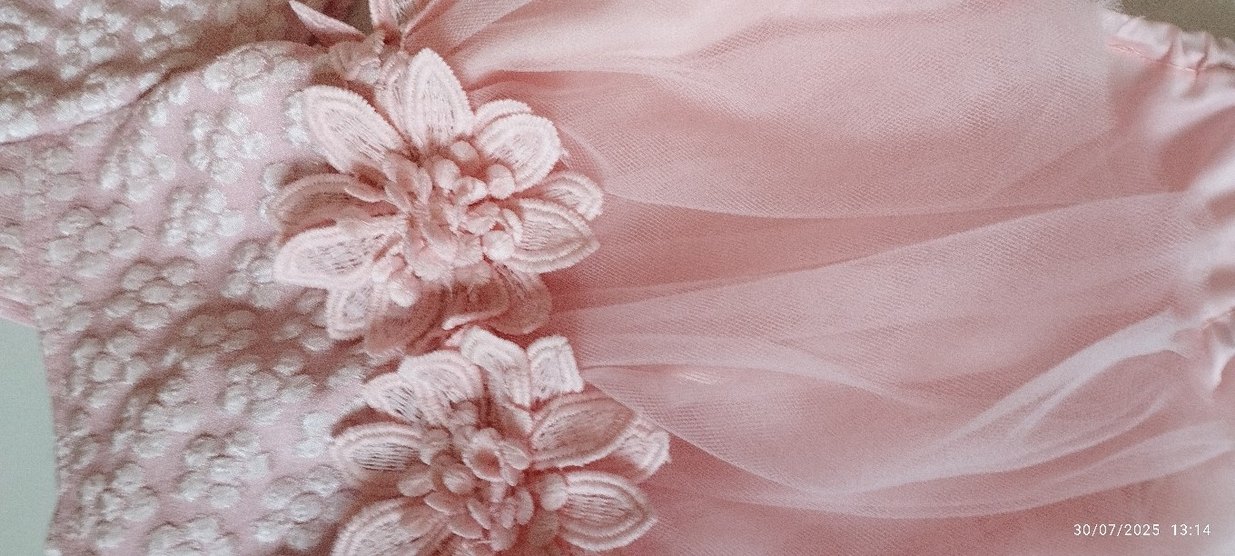 Pembe Çiçek Nakışlı Uzun Kollu Kız Elbisesi - Görsel 5