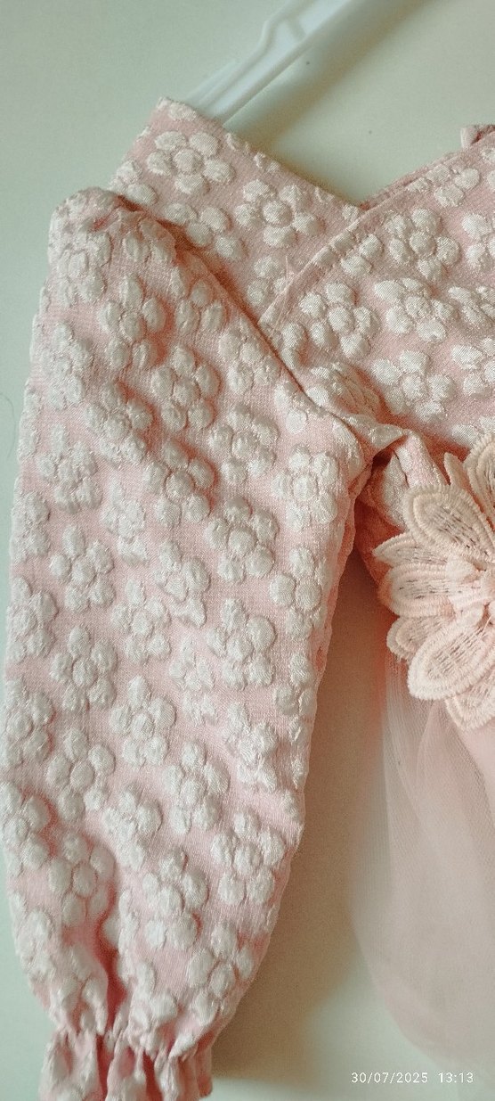 Pembe Çiçek Nakışlı Uzun Kollu Kız Elbisesi - Görsel 2