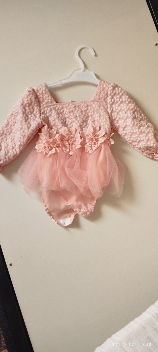 Pembe Çiçek Nakışlı Uzun Kollu Kız Elbisesi - Görsel 3