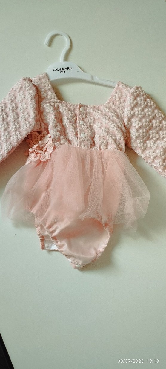 Pembe Çiçek Nakışlı Uzun Kollu Kız Elbisesi - Görsel 4