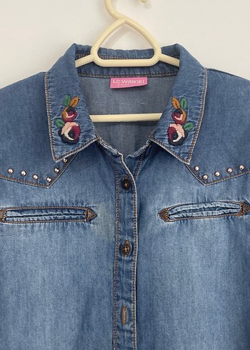 Nakışlı Mavi Kı çocuk Denim Gömlek - Görsel 2