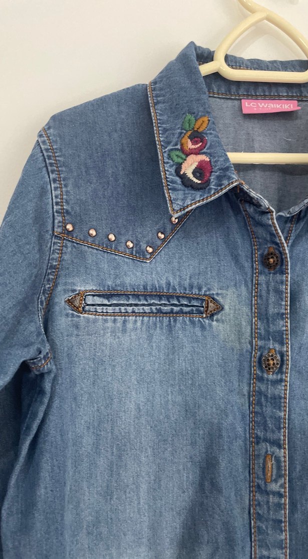 Nakışlı Mavi Kı çocuk Denim Gömlek - Görsel 3