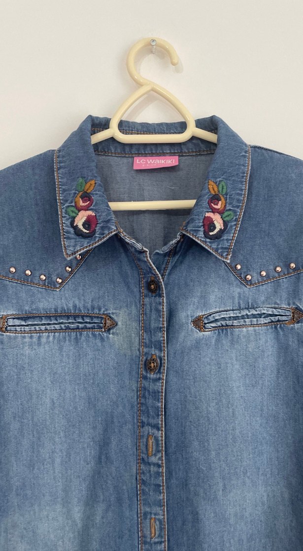 Nakışlı Mavi Kı çocuk Denim Gömlek - Görsel 2