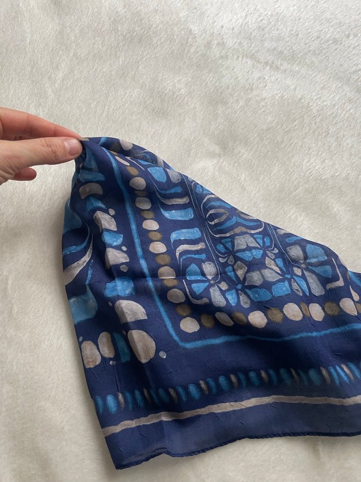 Bohem Koyu Mavi İpek Dokulu Fular - Görsel 4