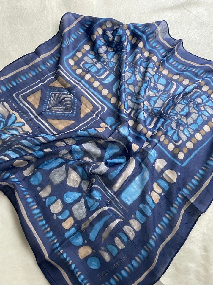 Bohem Koyu Mavi İpek Dokulu Fular - Görsel 2