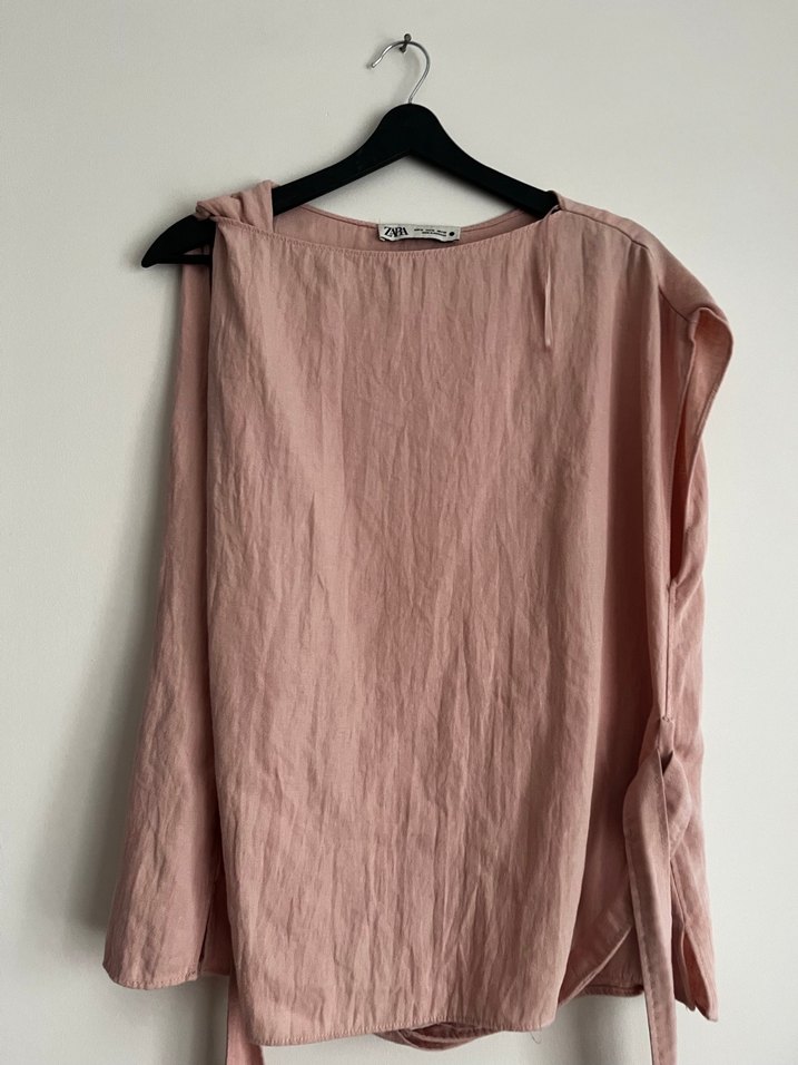 Bej Keten Drapeli Kadın Bluz - Görsel 3