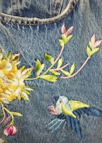 Çiçek Desenli Gevşek Kesim Denim Pantolon - Görsel 6