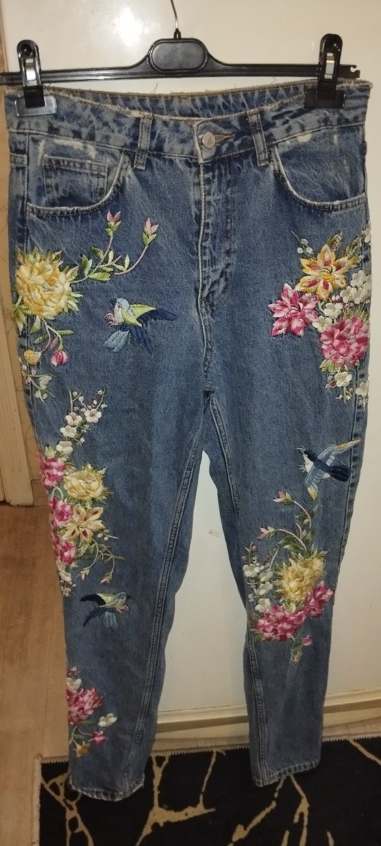Çiçek Desenli Gevşek Kesim Denim Pantolon - Görsel 4