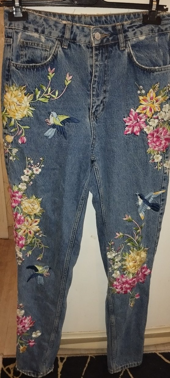 Çiçek Desenli Gevşek Kesim Denim Pantolon - Görsel 3