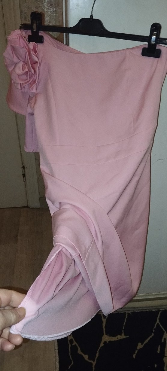 Pembe Midi Drapeli Straplez Elbise - Görsel 5