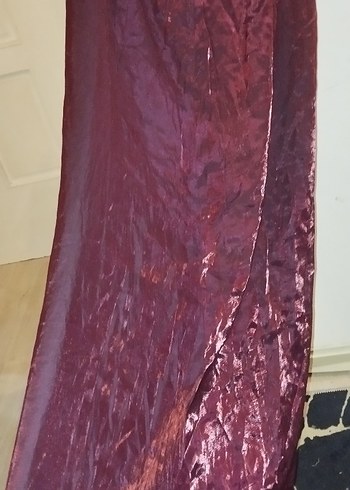 Bordo Saten Uzun Drapeli Etek - Görsel 3