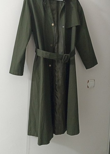 Kemerli Uzun Yeşil Kadın Trençkot - Görsel 2