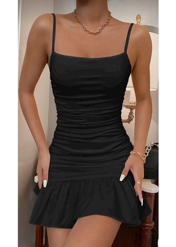 36 Beden siyah Renk Siyah Drapeli Midi Strappy Elbise