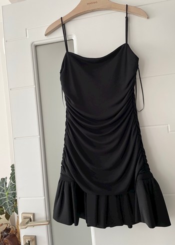 Siyah Drapeli Midi Strappy Elbise