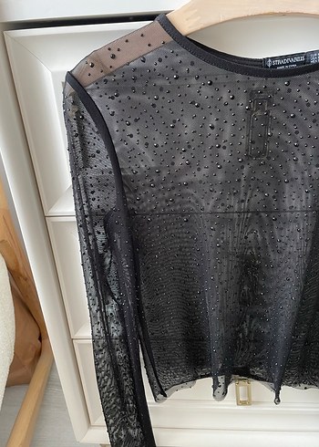 s Beden Siyah Transparan Detaylı Uzun Kollu Mini Bluz