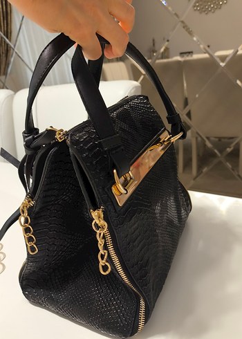 Siyah Yılan Derisi Desenli Deri Kadın Çanta - Görsel 3