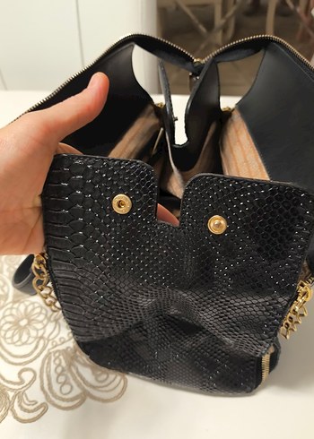 Siyah Yılan Derisi Desenli Deri Kadın Çanta - Görsel 5